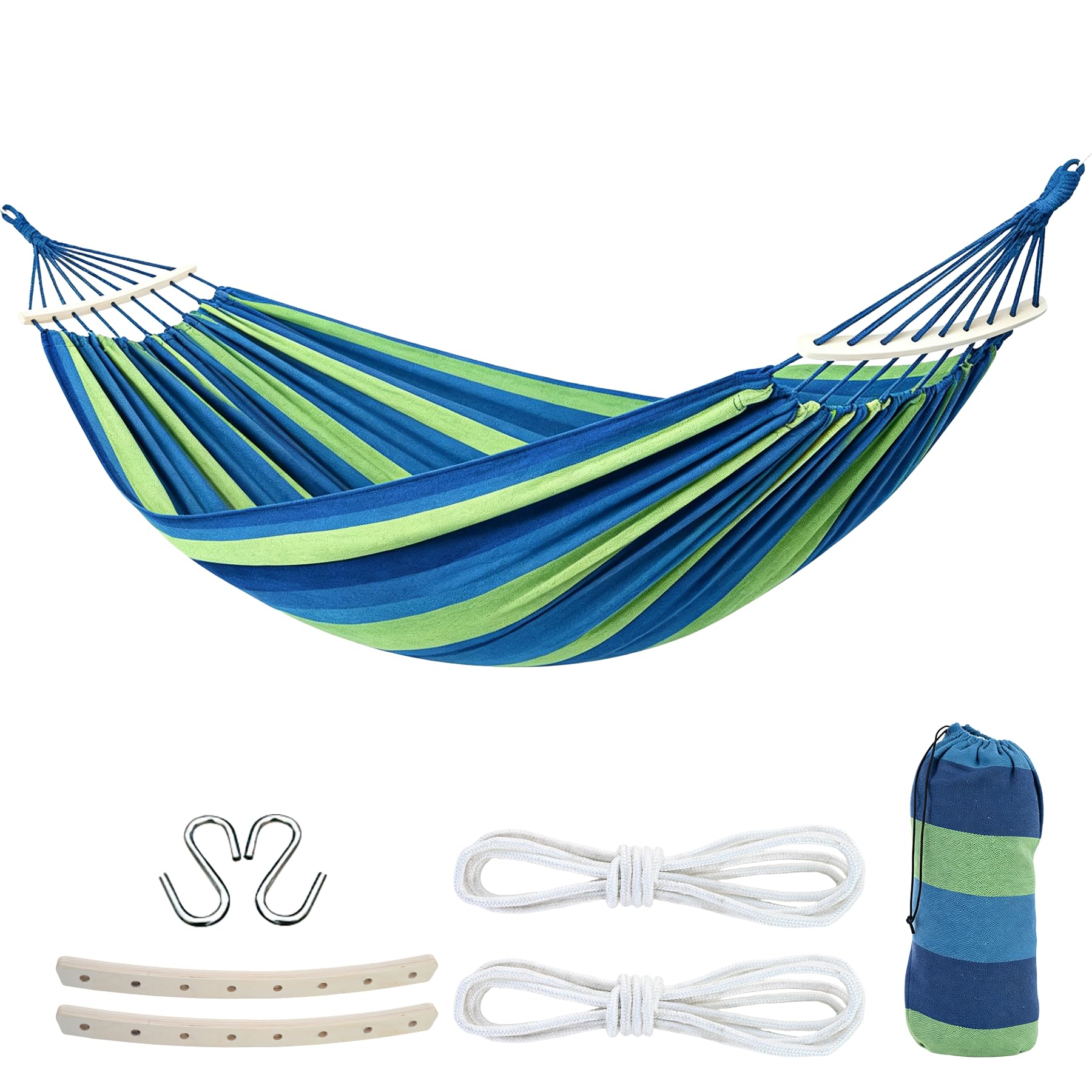 2 Person Outdoor Double Hammock,Heavy Duty Fabric Canvas Hammock with Carry Bag & Removable Spreader Bar, Portable Tree Hammock 550lbs Capacity for Porch Garden Patio Backyard Indoor Outdoor Blue