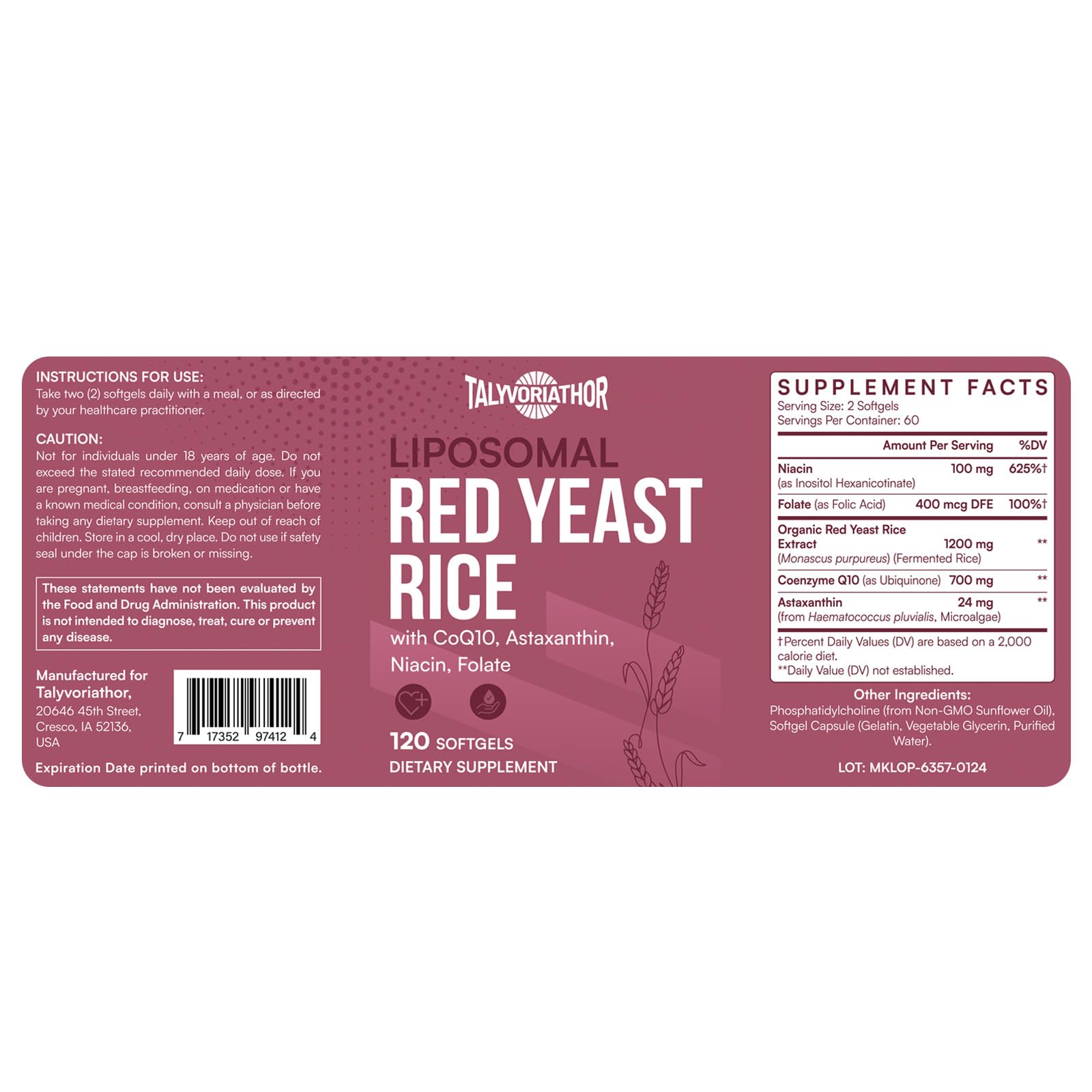 Talyvoriathor Liposomal Red Yeast Rice 1200mg with CoQ10 & Astaxanthin – Rice Yeast for Cholesterol – High Absorption – Citrinin-Free, 120 Softgels — Amazon image 5