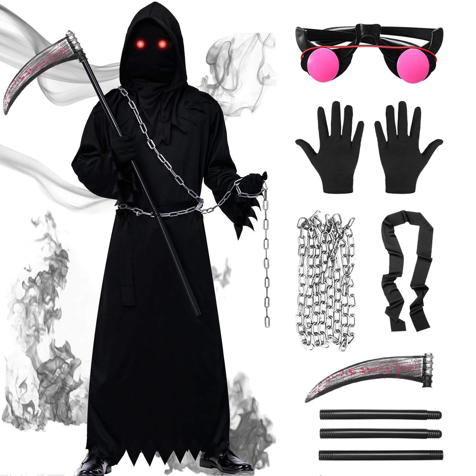 Aleshime Grim Reaper Costume Kids Adults Halloween Fancy Dress Up, Grim Reaper Outfit Scary Reaper Costume Unisex (Adult-M(160-175cm)