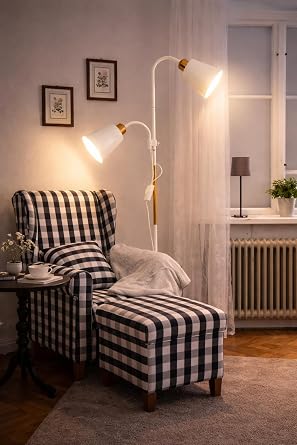 Modern Adjustable Floor Lamp Black Dual Heads E27 Rotating Reading Light for Living Room Office Task Light, Height Adjustable 30-65 Inches, 240V, Energy Efficient (White) [Energy Class A]