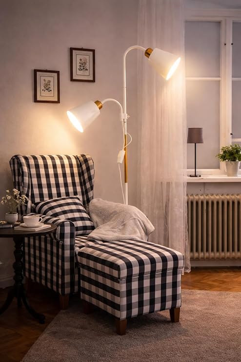 Modern Adjustable Floor Lamp Black Dual Heads E27 Rotating Reading Light for Living Room Office Task Light, Height Adjustable 30-65 Inches, 240V, Energy Efficient (White) [Energy Class A]