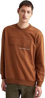 ديفاكتو سويت شيرت محبوك بقصة واسعة ورقبة دائرية ضيقة واكمام طويلة للرجال، لون بني فاتح، مقاس L