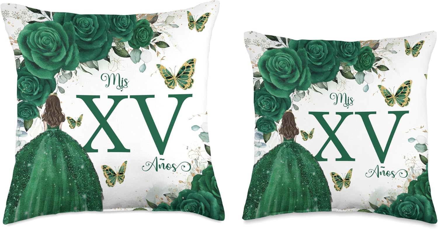 Emerald Green Floral Quinceañera Mis XV Años Throw Pillow Throw Pillow