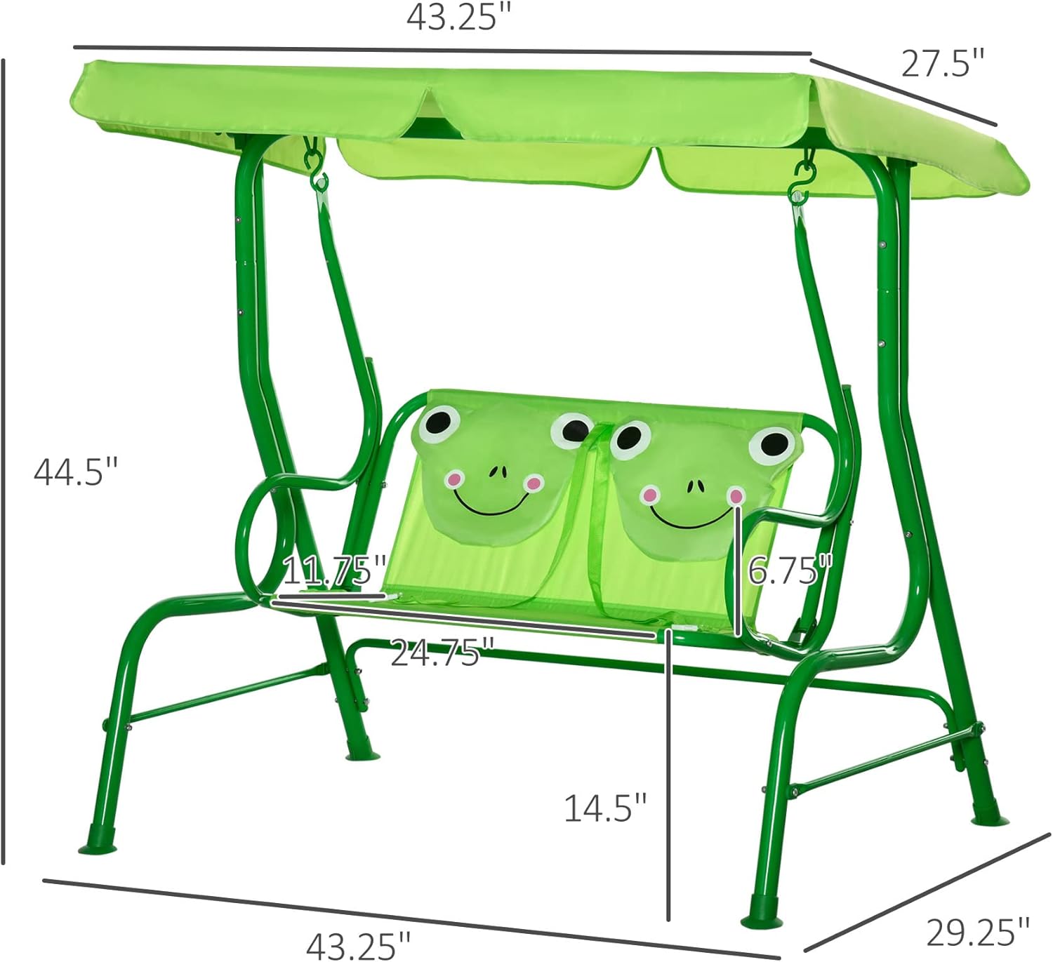 Outsunny Kids Patio Swing, 2-Seater Outdoor Swing Chair with Adjustable Canopy and Safety Belt, Lion Pattern Hanging Swing Bench for Garden or Backyard, Yellow