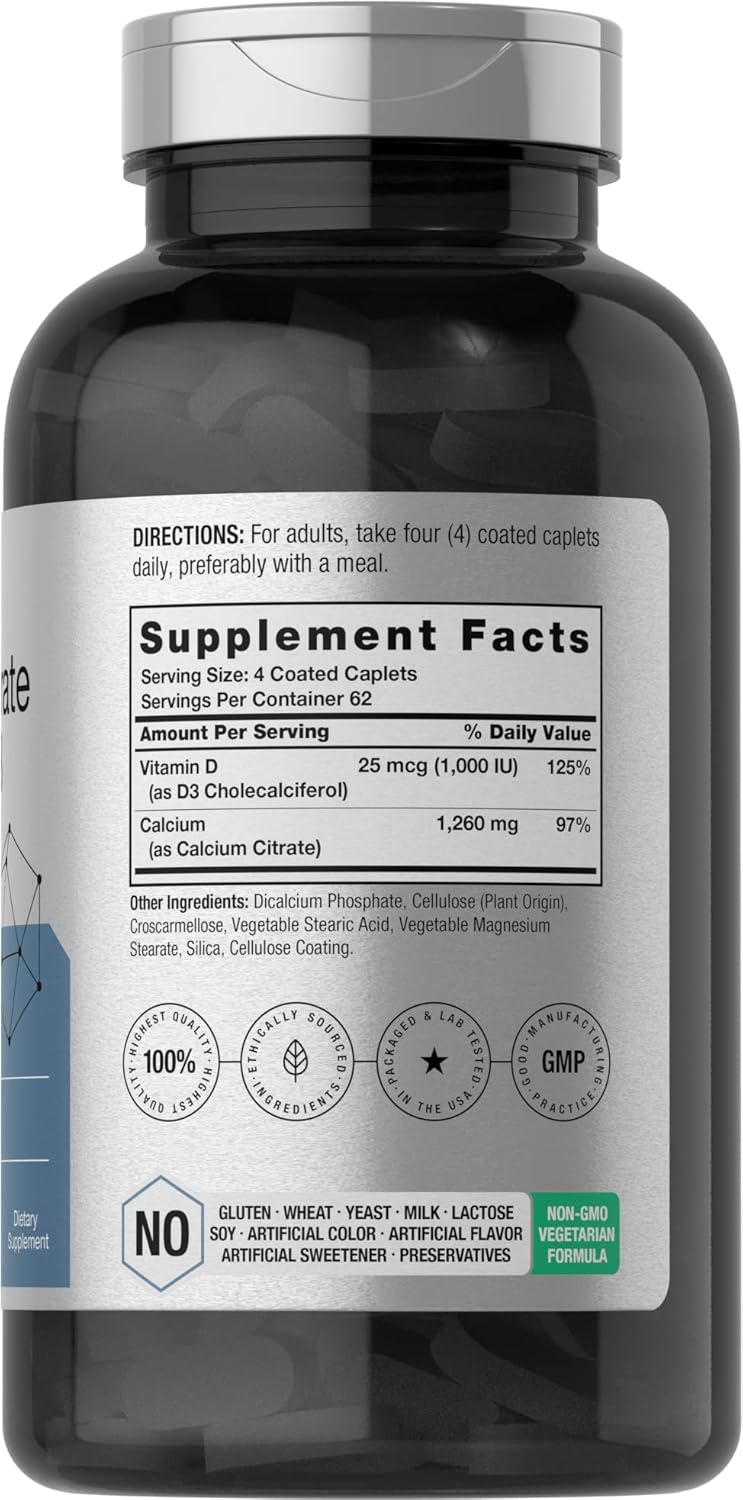Horbäach Calcium Citrate with Vitamin D3 | 1260 mg | 250 Caplets | Vegetarian, Non-GMO, Gluten Free Supplement - Image 2