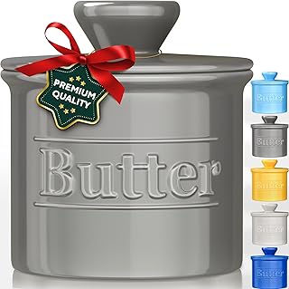 Premium Butter Crock with Lid - Original Design French Butter Dish - Beautiful Ceramic Butter Keeper for Counter with Water Line - Perfect to Keep Butter Soft and Spreadable, Gray