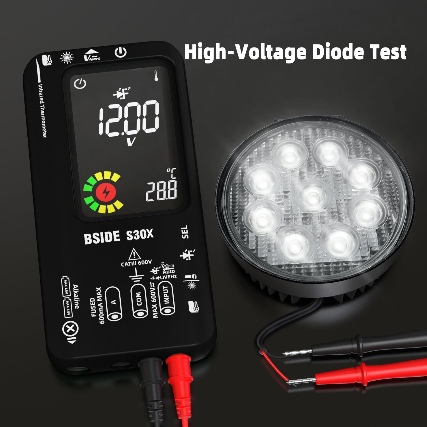 BSIDE S30X Multimeter performing a high-voltage diode test on a component with multiple LEDs