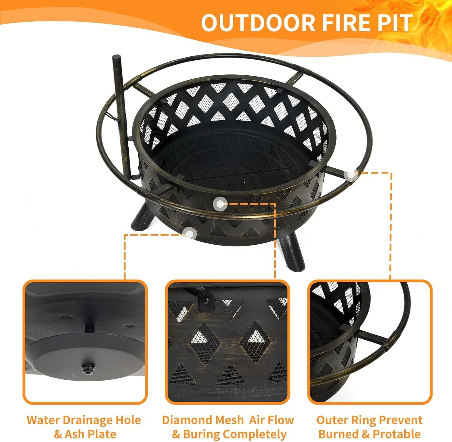 2 in 1 Firepit with Grill 30 Inch Outdoor Fire Pit with Mat & Spark Screen & Cooking Grate - Large Round Steel Fire pits for Patio, Backyard & Garden - Includes Poker for Wood Burning & Camping Use