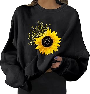 YuzRong Women's Blouse Long Sleeve Shirt Womens Daily Sunflower Print Sweatshirt Long Pullover Letter Print O Neck Printing Long Sleeve Women's Skateboard Women's Blouse