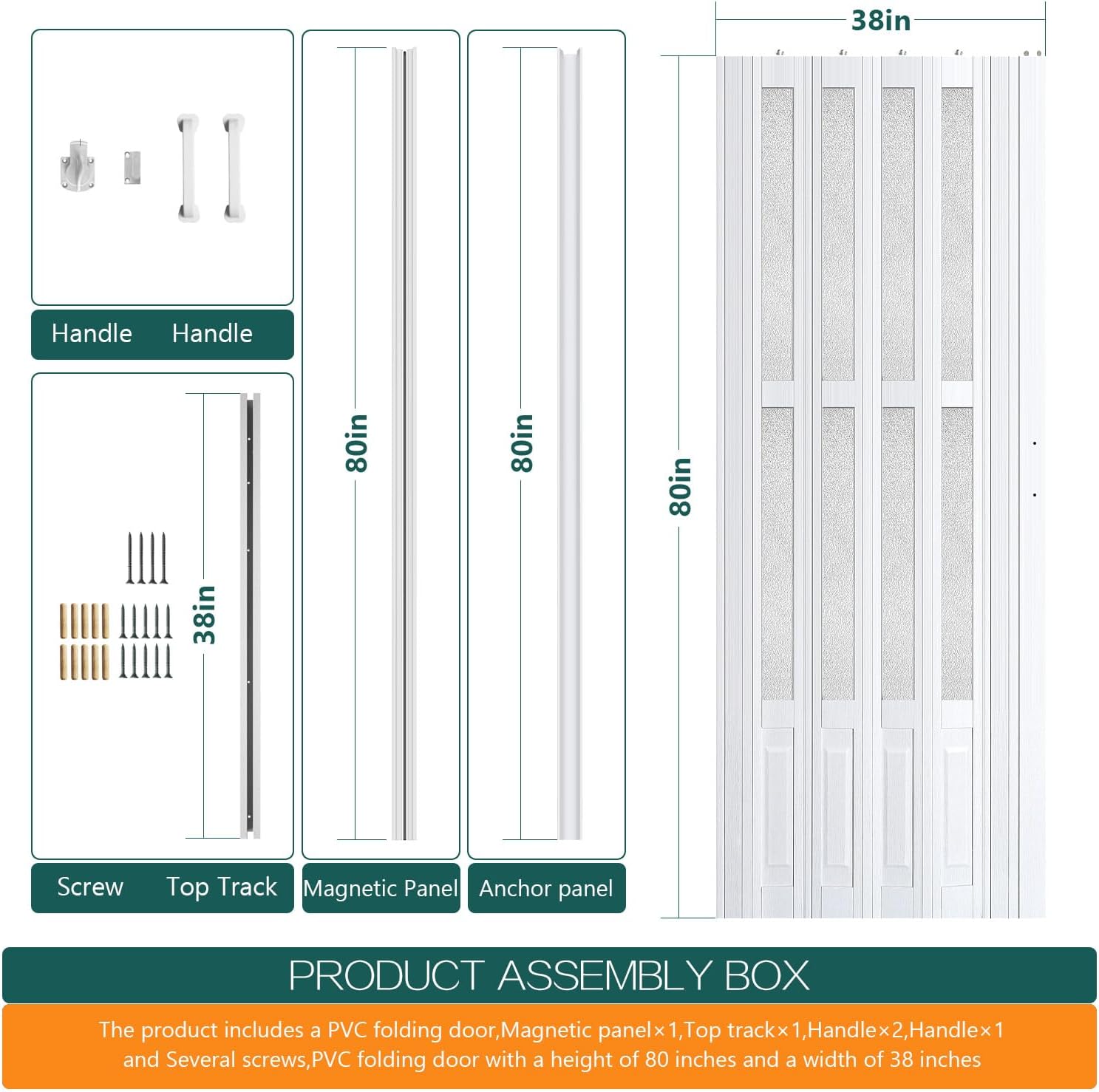 38X80in Accordion Doors Interior,White PVC Folding Door with Handle & Latch, for Closet & Kitchen,Complete Hardware Kit Easy to Install