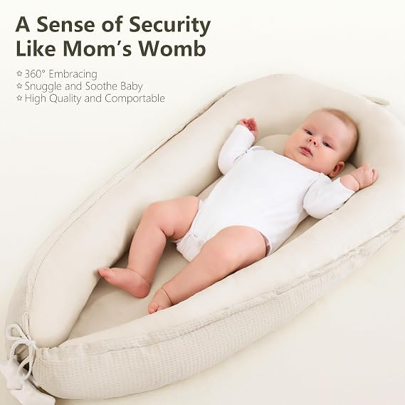Susurration Baby Nest Pod for Newborn, Portable Smooth Microfiber Baby Lounger Sleep Pod, Baby Essentials Gifts for Baby Boys&Girls Home and Travel (Beige)