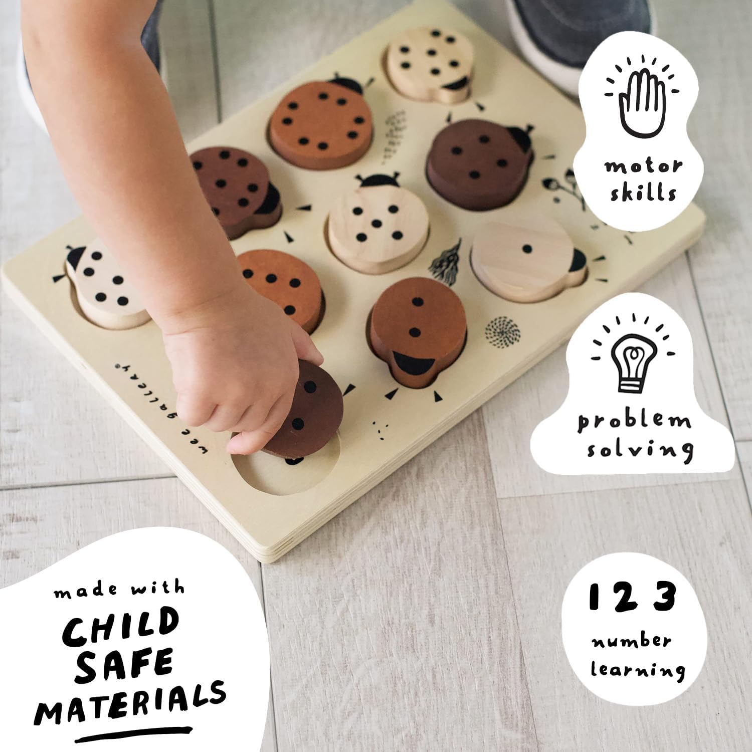 Wee Gallery Wooden Tray Puzzle Count to Ten Leaves, Montessori Toy for Toddlers and Preschoolers for Early Learning and Fine Motor Skill Development, Sustainable Educational Puzzle for Kids