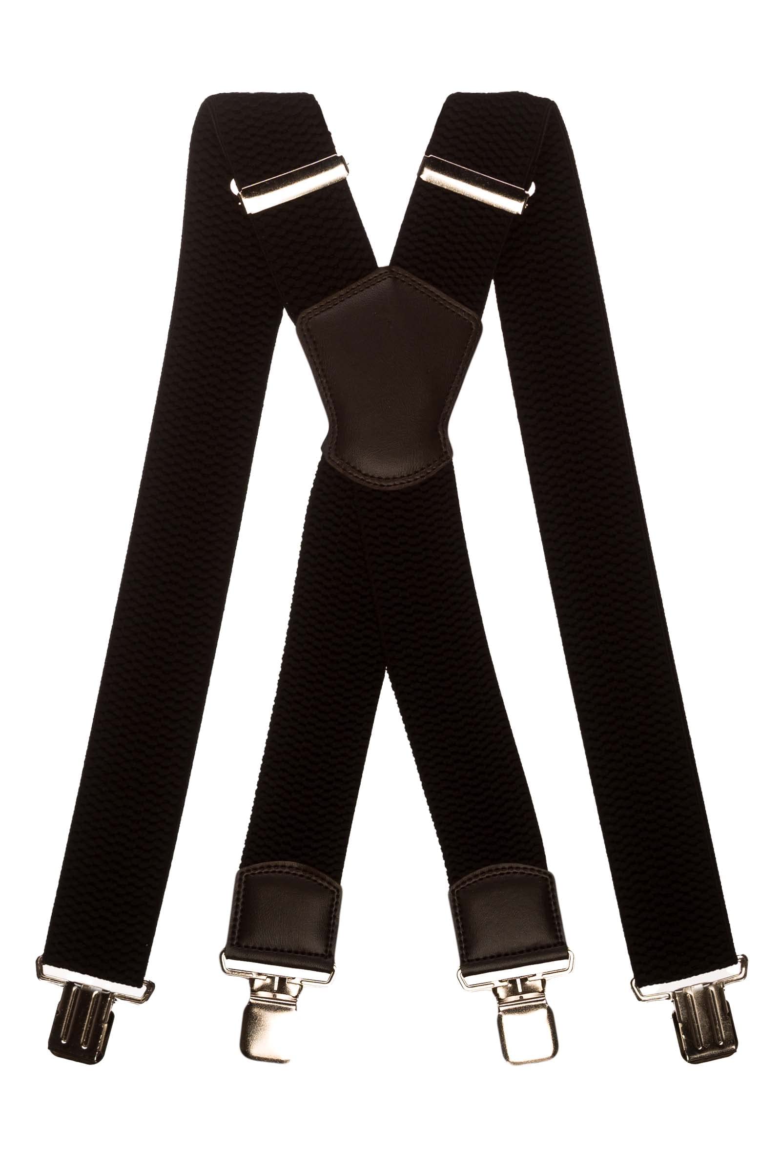 Olata Men's Multi Purpose Extra Wide X-Shape Braces/Suspenders with Leather Shield Centrepiece - 5cm. Black (Silver Clips)