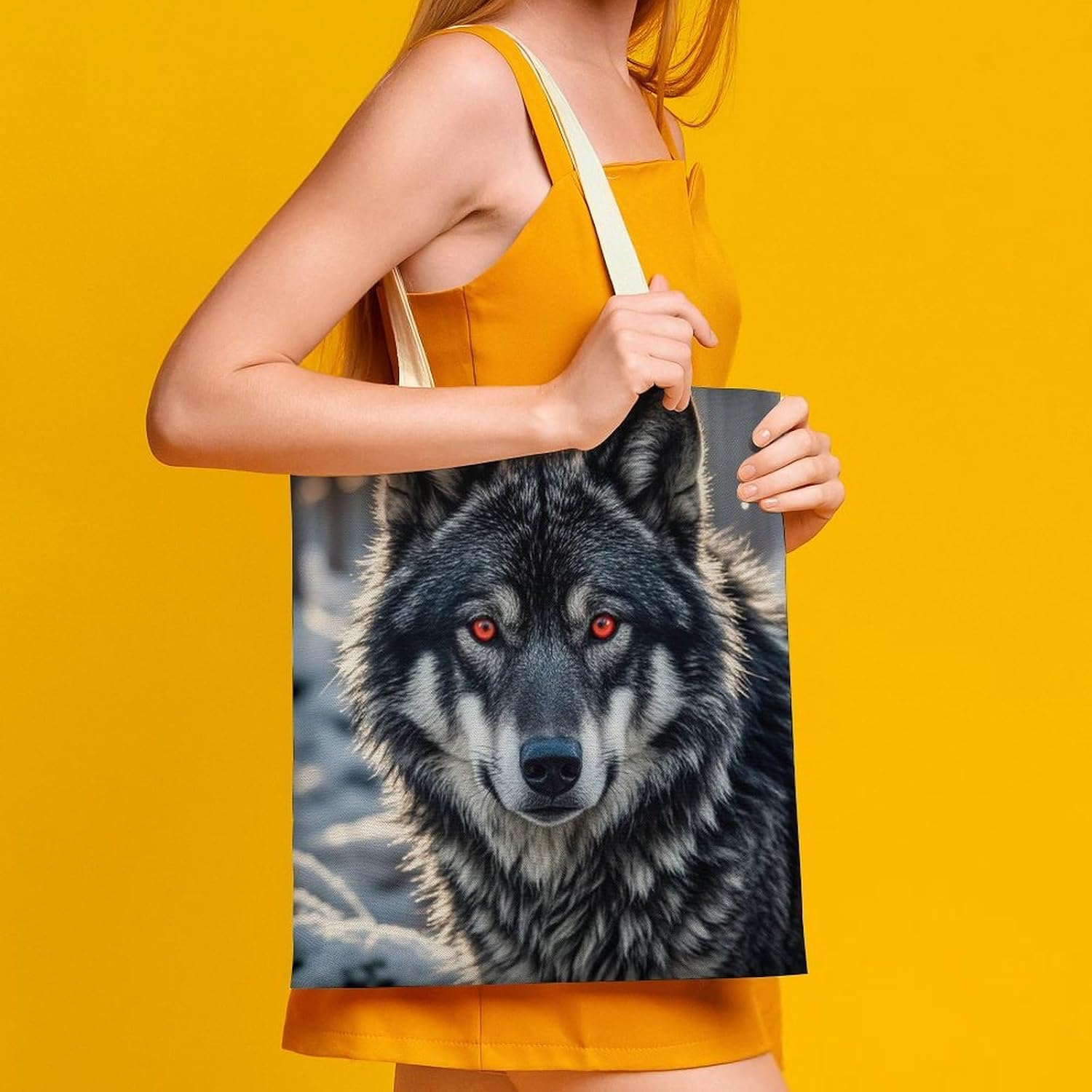 Canvas Tote Bag 16x15 In Lightweight Foldable Shoulder Hobo Purse | Red Eye Wolf, Casual Tote with 10" Strap, Everyday Carryall, for Travel Work Grocery Shopping Beach Mark Gym Yoga