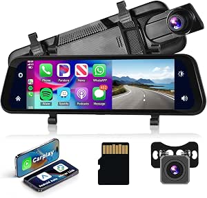 Dashcam Voiture 9.66'' Carplay Android Auto Sans Fil - Double Caméra + Caméra Recul 64G