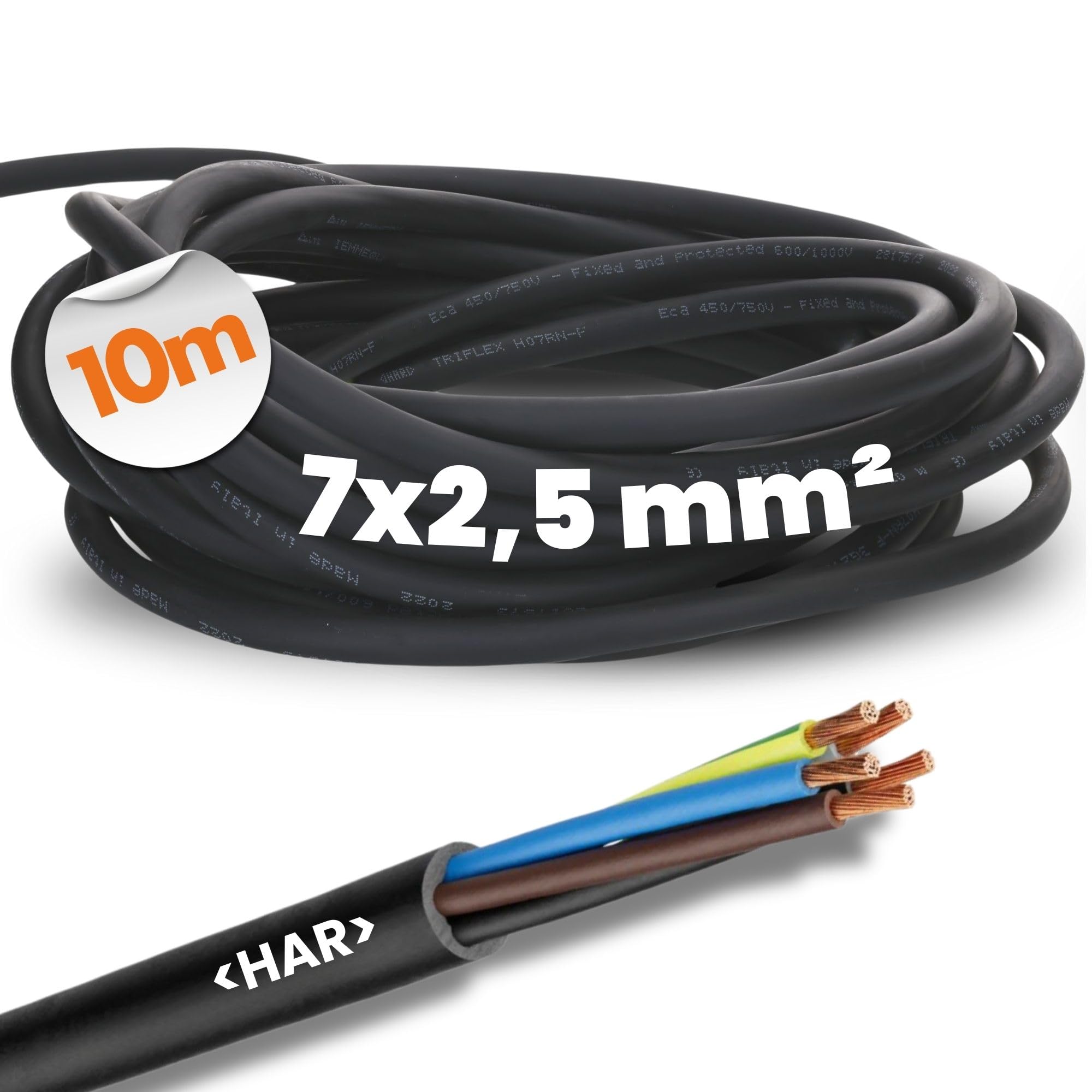 10 metrów Lapp 1600152 H07RN-F 7 x 2,5 mm², przewód gumowy, elastyczny z przewodem ochronnym, odporny na promieniowanie UV, do użytku na zewnątrz, odporny na olej, trudnopalny, przewód przyłączeniowy