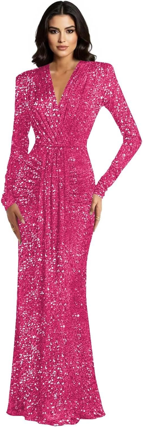 Sparkly Sequin Prom Dress V Neck Bridesmaid Dresses Long Sleeve Formal Gown for Women