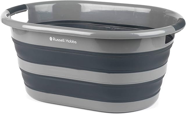 Russell Hobbs LA053879GRYEU Collapsible Laundry Basket/Washing Tub, 27L Large Laundry Basket, Silicone/Plastic Foldable Storage Container, Ergonomic Handles, Space Saving Washing Basket, Black/Grey