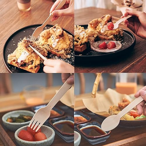 Vista 2 de Cuchillos de madera desechables, 100 piezas de 6 pulgadas de longitud, cubiertos de madera, ecológicos, 100% compostables, biodegradables