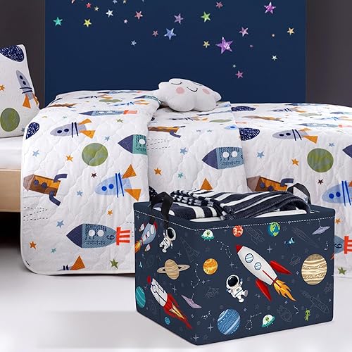 Miniatura 4 de Clastyle Rocket Astronauta - Cesta rectangular para niños, planeta cósmico, universo, azul, cubo de almacenamiento de juguetes, 36L