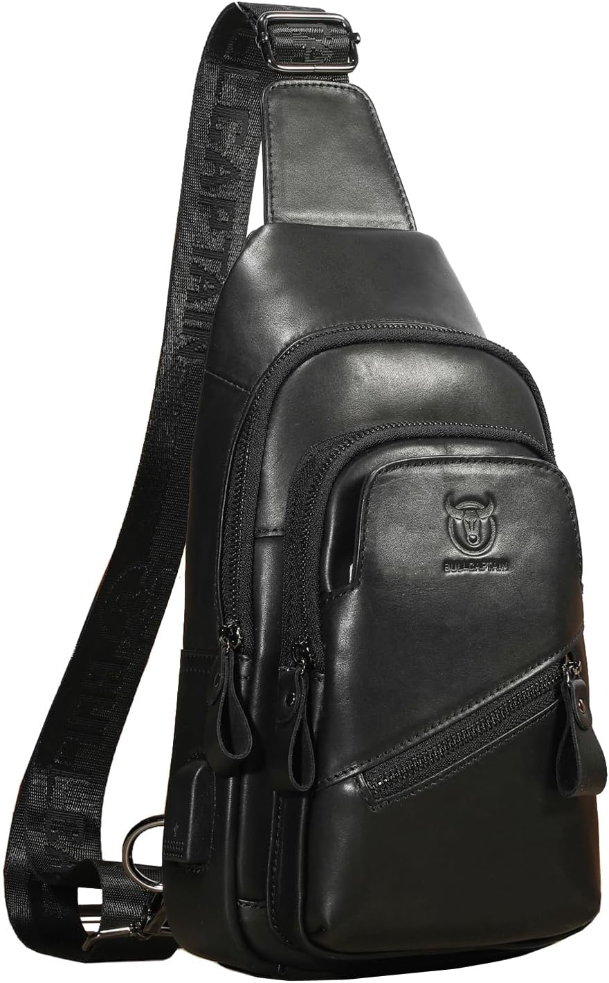 Leather Sling Bag Hiking Daypack for Men Women Outdoor Travel Camping Fishing Crossbody Shoulder Chest Pack Backpack (Black)
