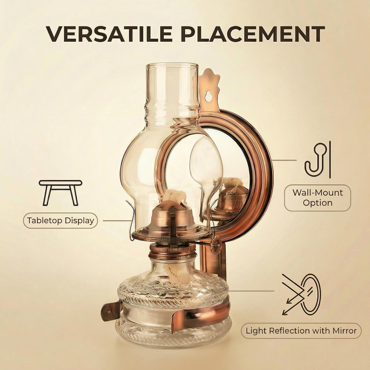 10.24" Vintage Wall Mounted Kerosene Oil Lamp with Glass Chimney & Mirror Chamber, Rustic Farmhouse Hurricane Lantern for Indoor Home Decor & Emergency Lighting (Single Pack)(Red Bronze)