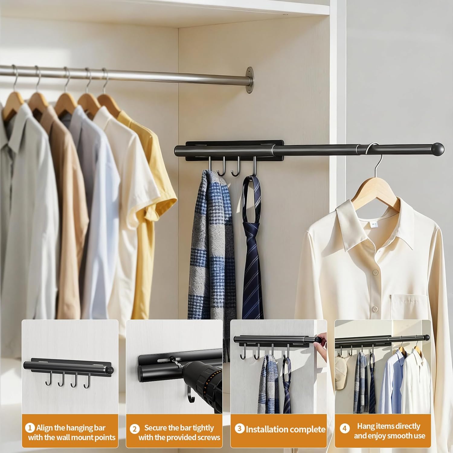 Lewondr Valet Rod for Closet Pull Out, 12" Adjustable Heavy Duty Extending Closet Rod, Valet Clothing Hanger Rods Extender for Wardrobe, Laundry Room, Bedroom, Bathroom, Black, 2 Pack