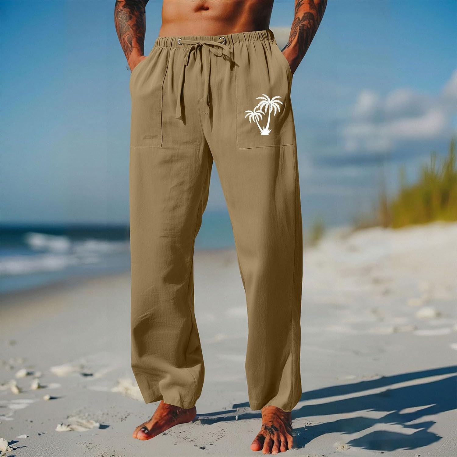 HJINGSUN Men Linen Pants Coconut Tree Graphic Lounge Pants Lightweight Breathable Comfortable Summer Beach Yoga Trousers