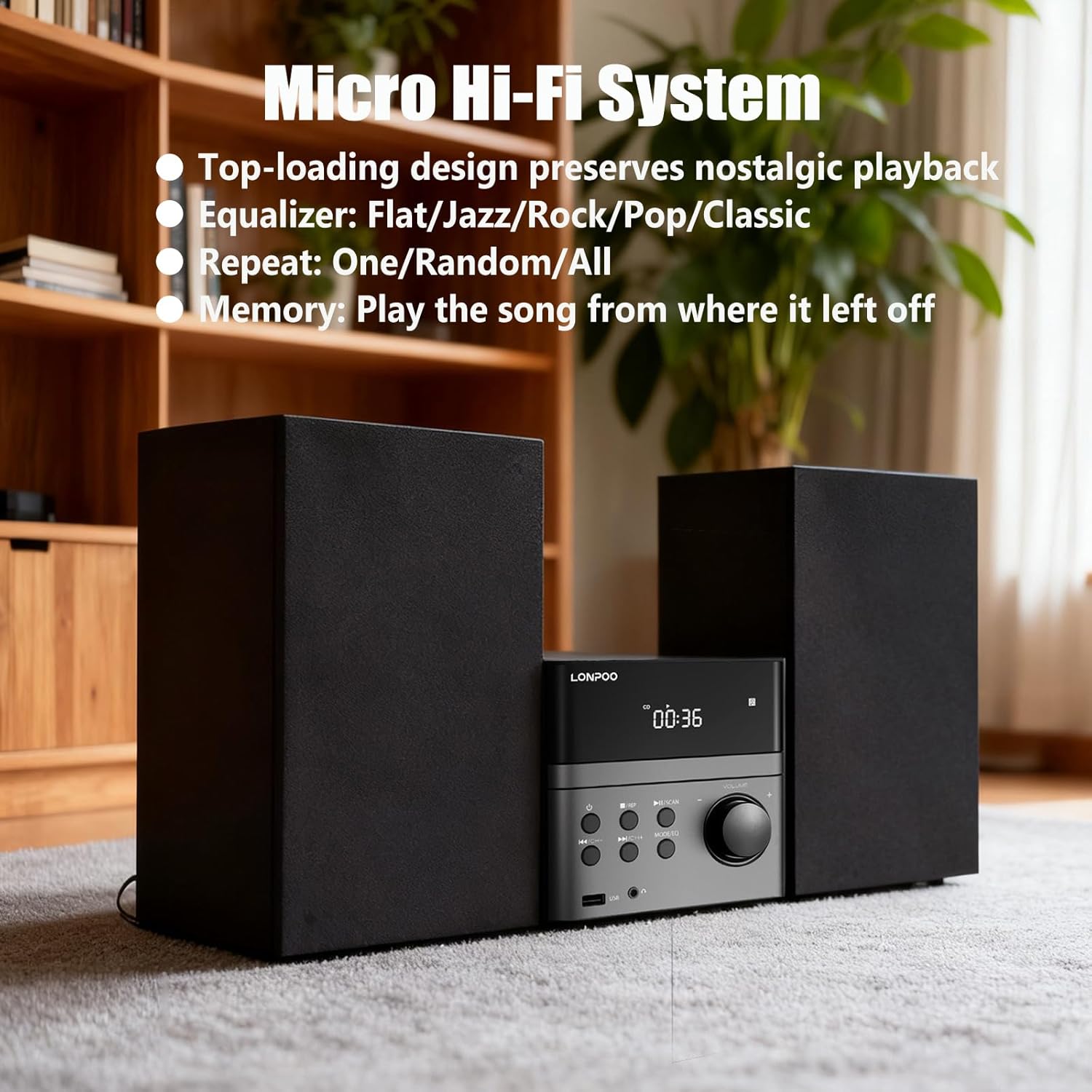 Compact Micro Hi-Fi Stereo System with CD Player, Bluetooth, FM Radio, USB Playback, Aux-Input & Earphone Output, 30W Stereo Sound, Remote Control