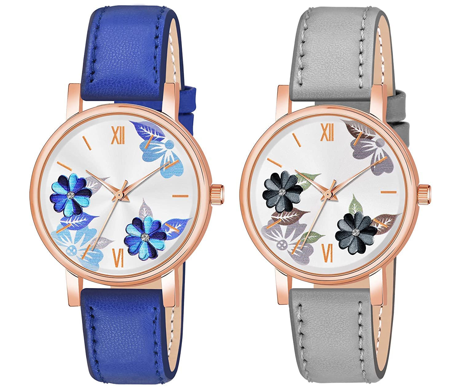 Xaliconi Stylish Looking Flower Dial and Leather Strap Combo Watch for Girls Woman | Birthday Gift for Your Special One (Pack of 2) (Blue-Grey) (B0BDVX8DP6) Amazon Price History, Amazon Price Tracker