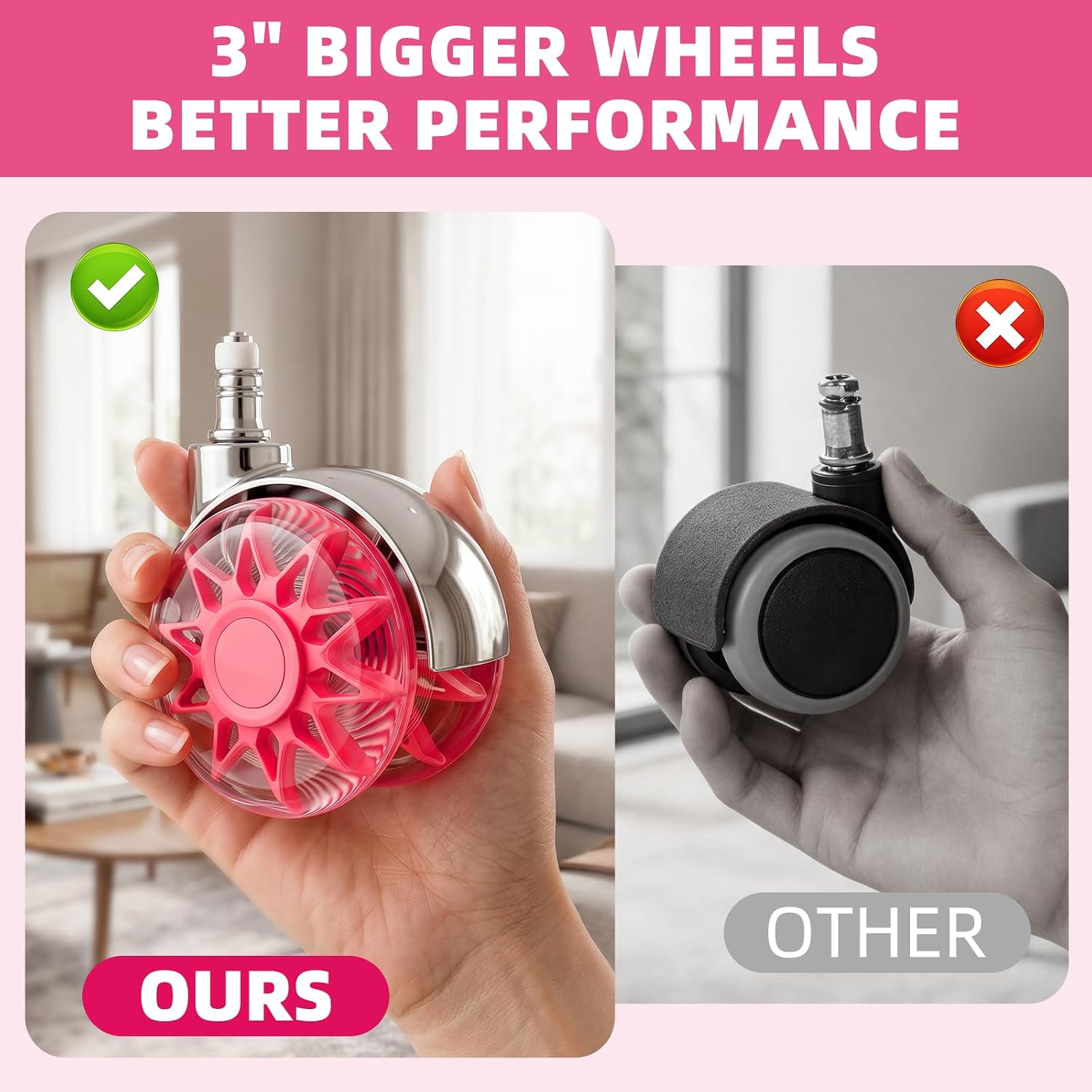 Office Chair Wheels 3" Dual Rollerblade Castor Wheels Replacement - Quiet Rubber Casters for Gaming Chairs, Heavy Duty Computer Chair Wheels for Carpet & Hardwood Floors, Set of 5 Pink