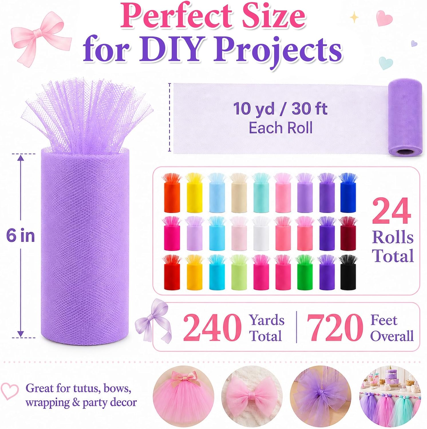 24 Colors Tulle Rolls, 6 Inch x 10 Yards Rainbow Tulle Fabric Ribbon for DIY Tutu Skirts, Gift Wrapping, Hair Bows, Wedding Party Decorations