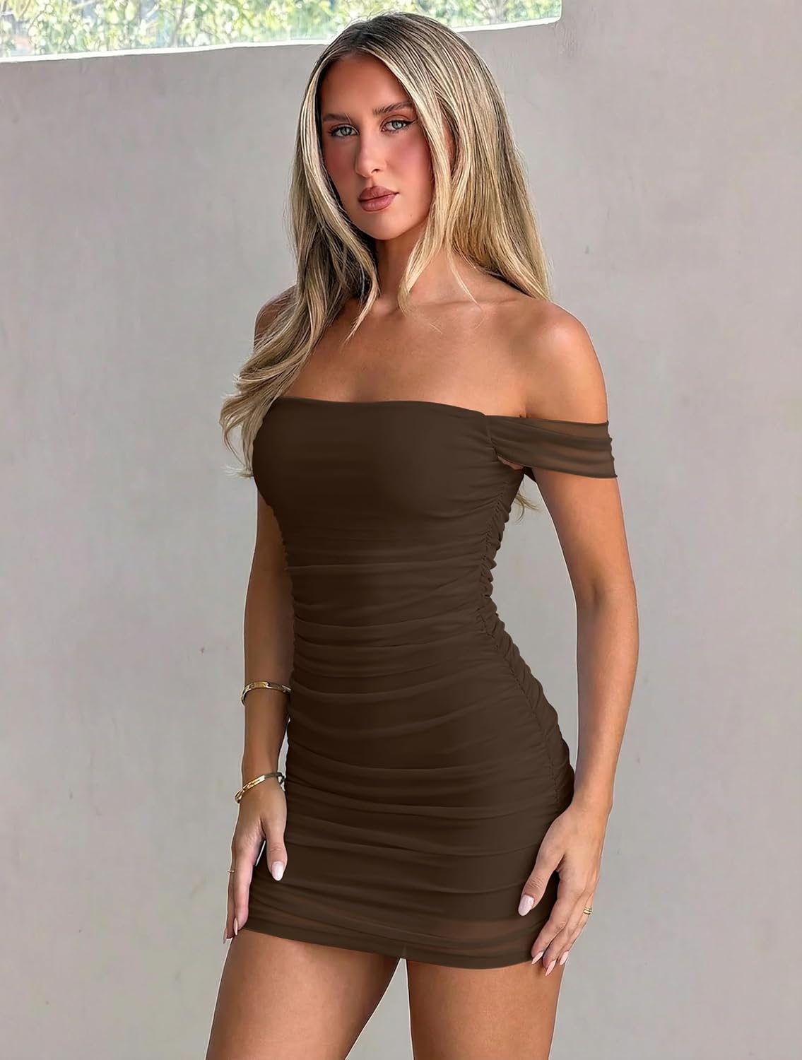 OQQ Women's Mesh Ruched Bodycon Mini Dress Sexy Off The Shoulder Cocktail Party Club Spring Dresses 2026 - Image 4