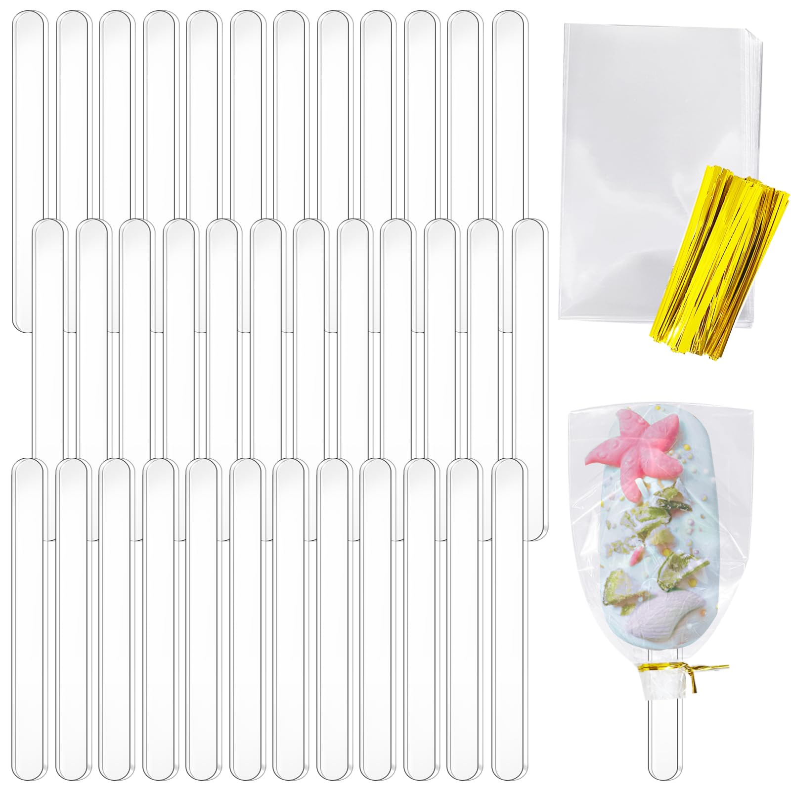 50Pcs Acrylic Popsicle Cakesicle Sticks and Wrappers Set,Reusable Ice Cream Sticks for Homemade Cake Pop,Dessert,DIY Art Crafts,Transparent,4.5 Inch