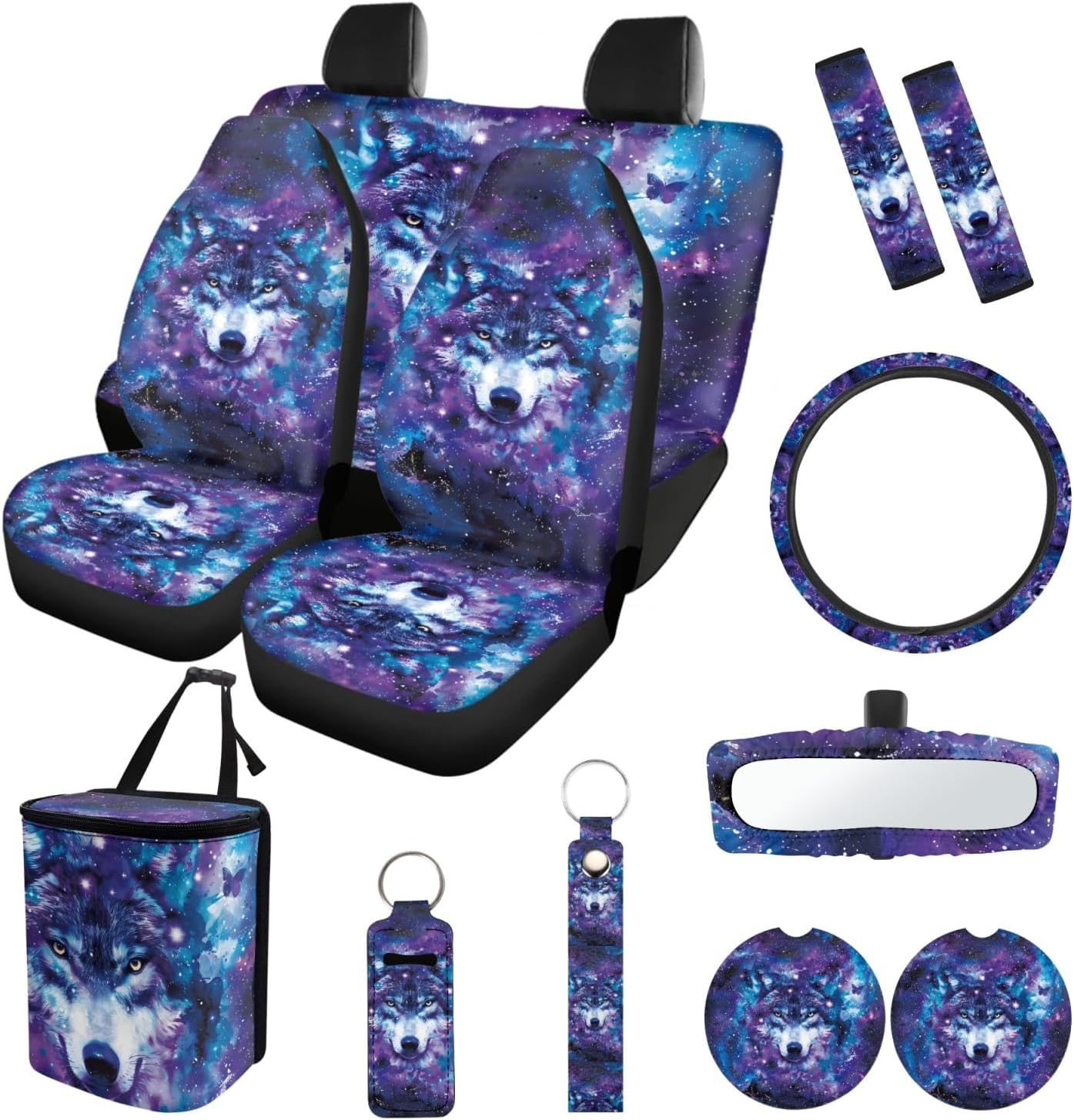 NDISTIN Galaxy Wolf Car Seat Covers Set 13 Pcs Steering Wheel Cover Car Seat Belt Cover Car Trash Can Car Rear View Mirror Cover Car Cup Coasters Chapstick Holder Keychains Gifts for Men Woman