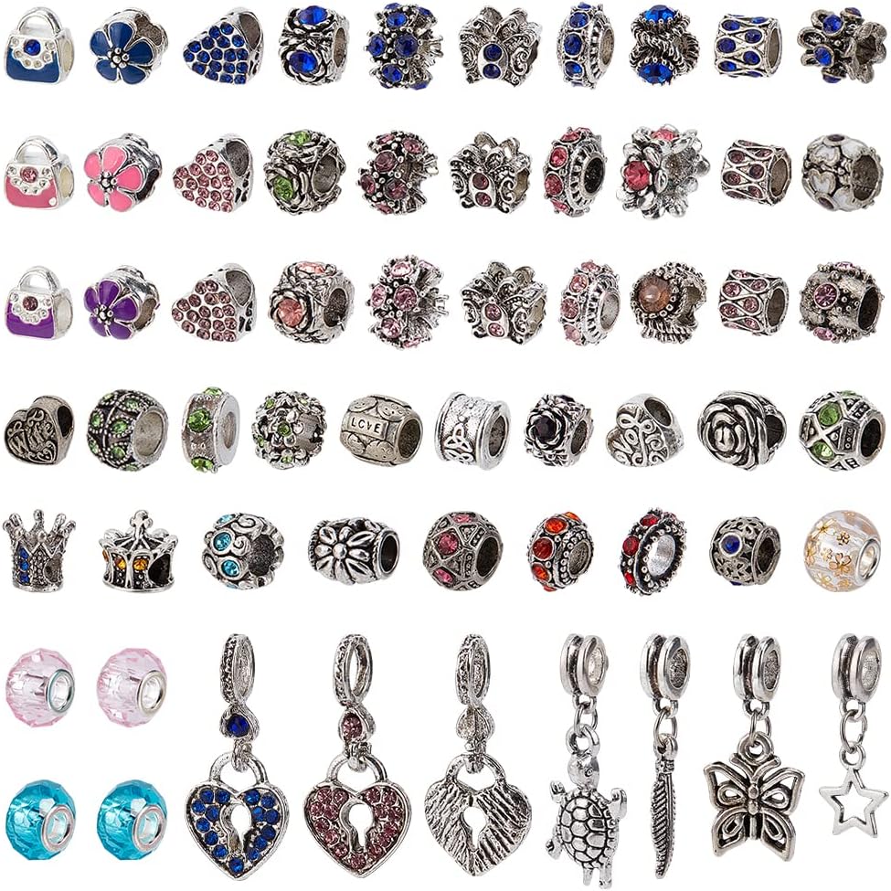 PH PandaHall 60 Styles Large Hole European Lampwork Beads Murano Glass Beads Rhinestone Spacers Metal Dangle Pendant Charms for Snake Chain Bracelet Bangle Necklace, 60pcs