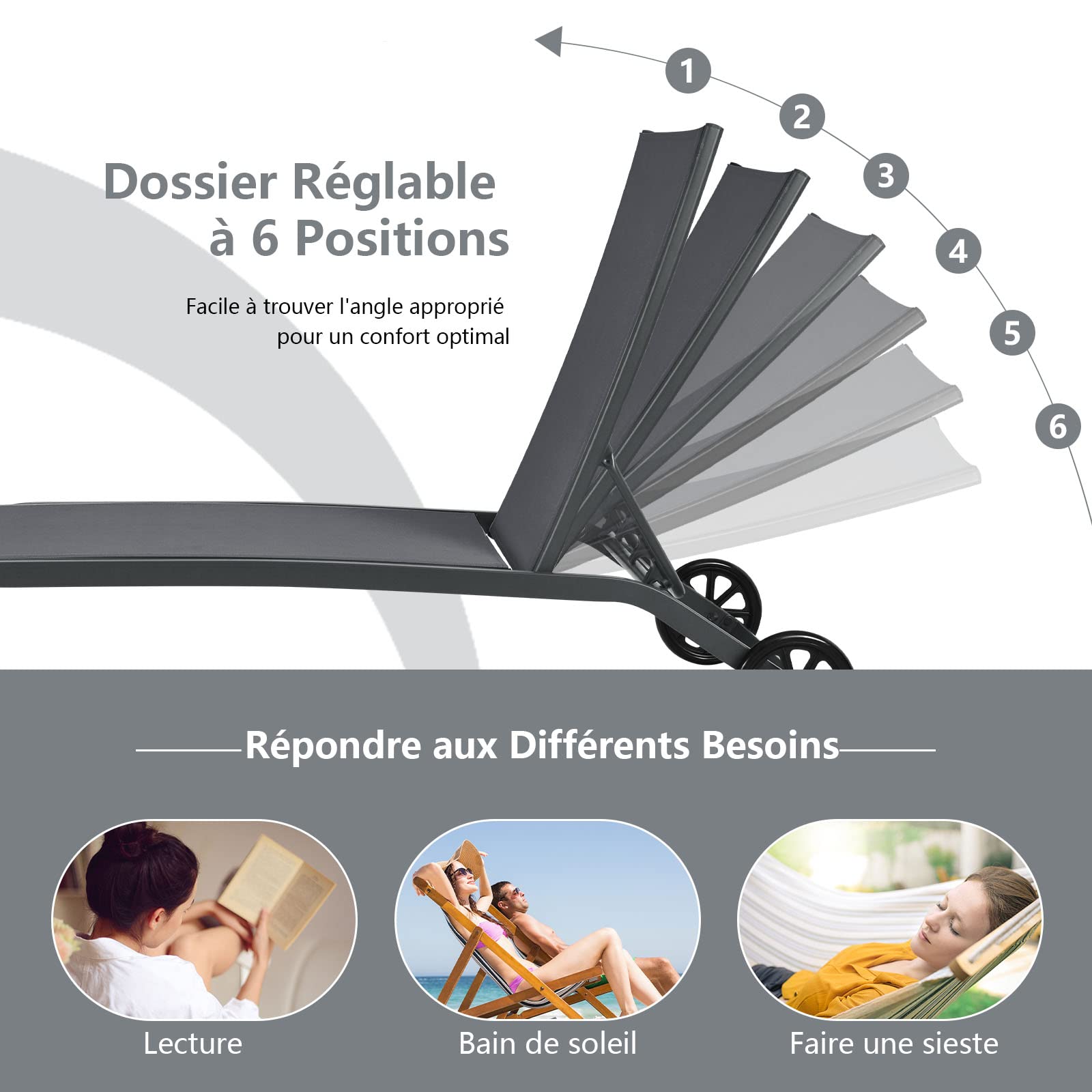 COSTWAY 2PCS Bains de Soleil à Roues, Dossier Inclinable 6 Positions, Gris
