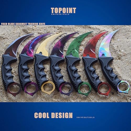 Miniatura 7 de TOPOINT Paquete de 2 cuchillos Karambit sin filo de corte sin filo con funda para principiantes (dorado-verde)