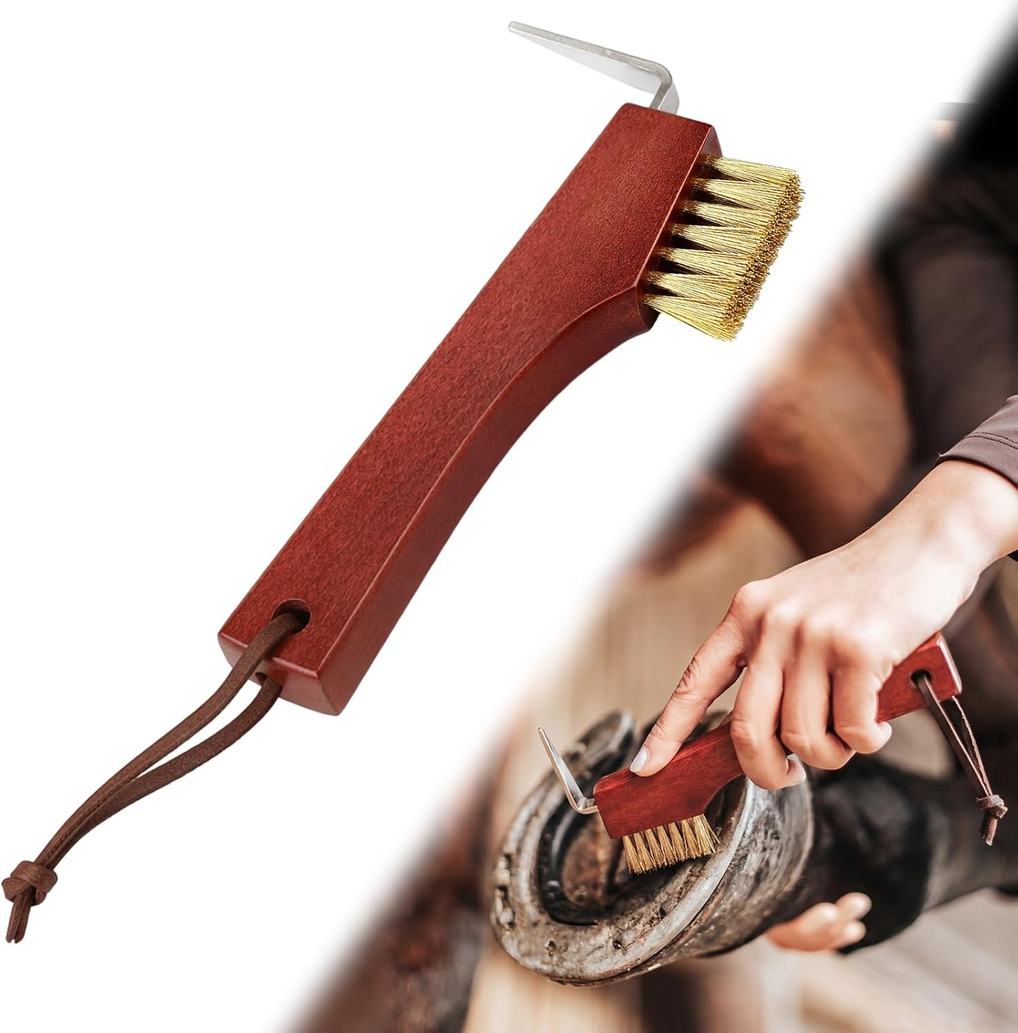 Horse Hoof Pick with Brass Wire Brush and Wooden Grip Farrier Tool Hoof Pick Supplies for Horse Cleaning and Grooming