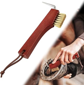 Shinylin Horse Hoof Pick with Brass Wire Brush and Wooden Grip Farrier Tool Hoof Pick Supplies for Horse Cleaning and Grooming