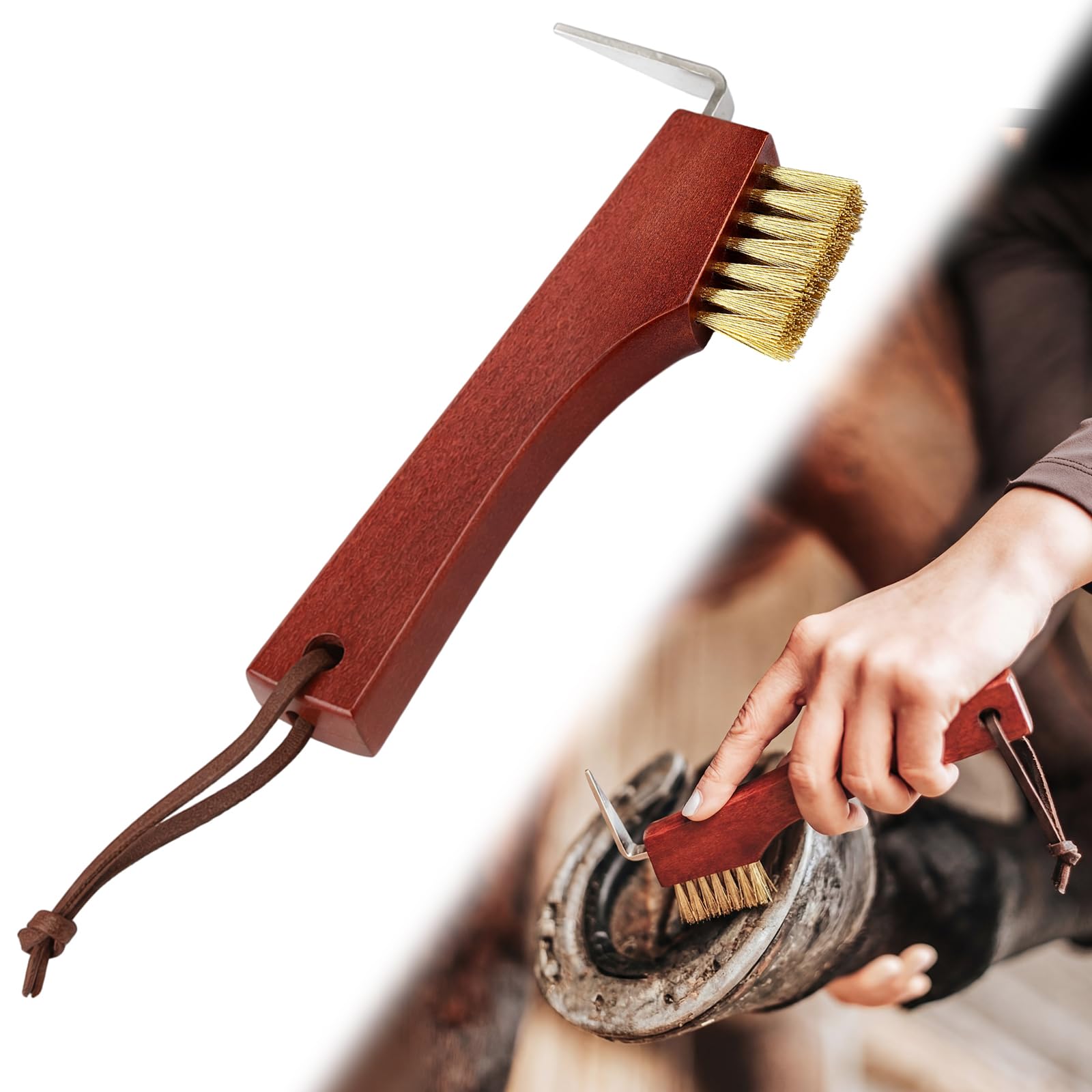 Horse Hoof Pick with Brass Wire Brush and Wooden Grip Farrier Tool Hoof Pick Supplies for Horse Cleaning and Grooming