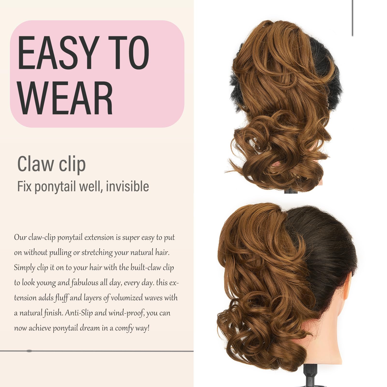 Dcbaboo Short Ponytail Extension Curly 12inch Claw Clip in Ponytail Hair Extensions Long Wavy Synthetic Pony tails Natural Wave One Piece Hairpiece Fake Ponytail for Women Light Auburn - Image 4