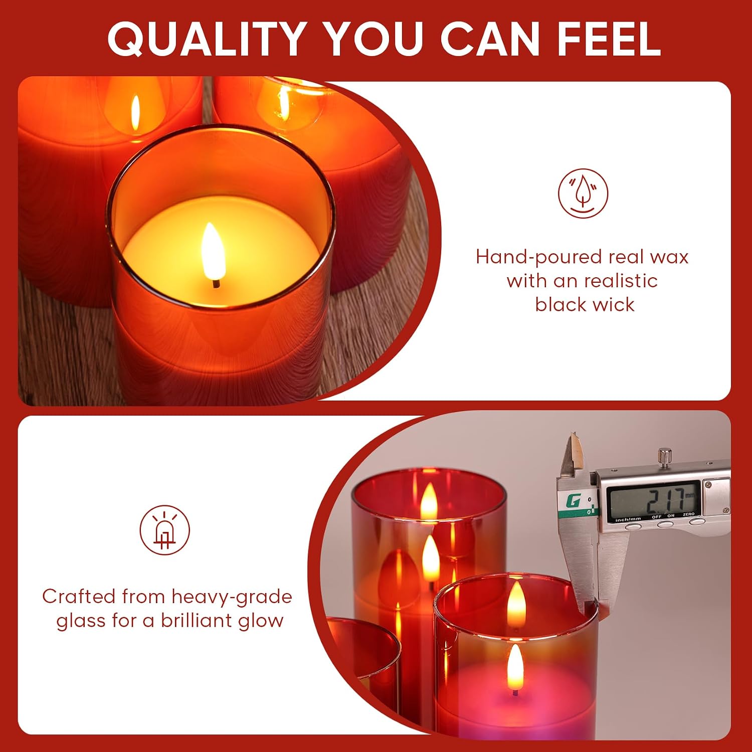 Eywamage Red Glass Flameless Pillar Candles with Remote, Flickering Christmas Battery LED Candles Holiday Decor Set of 3 image 5