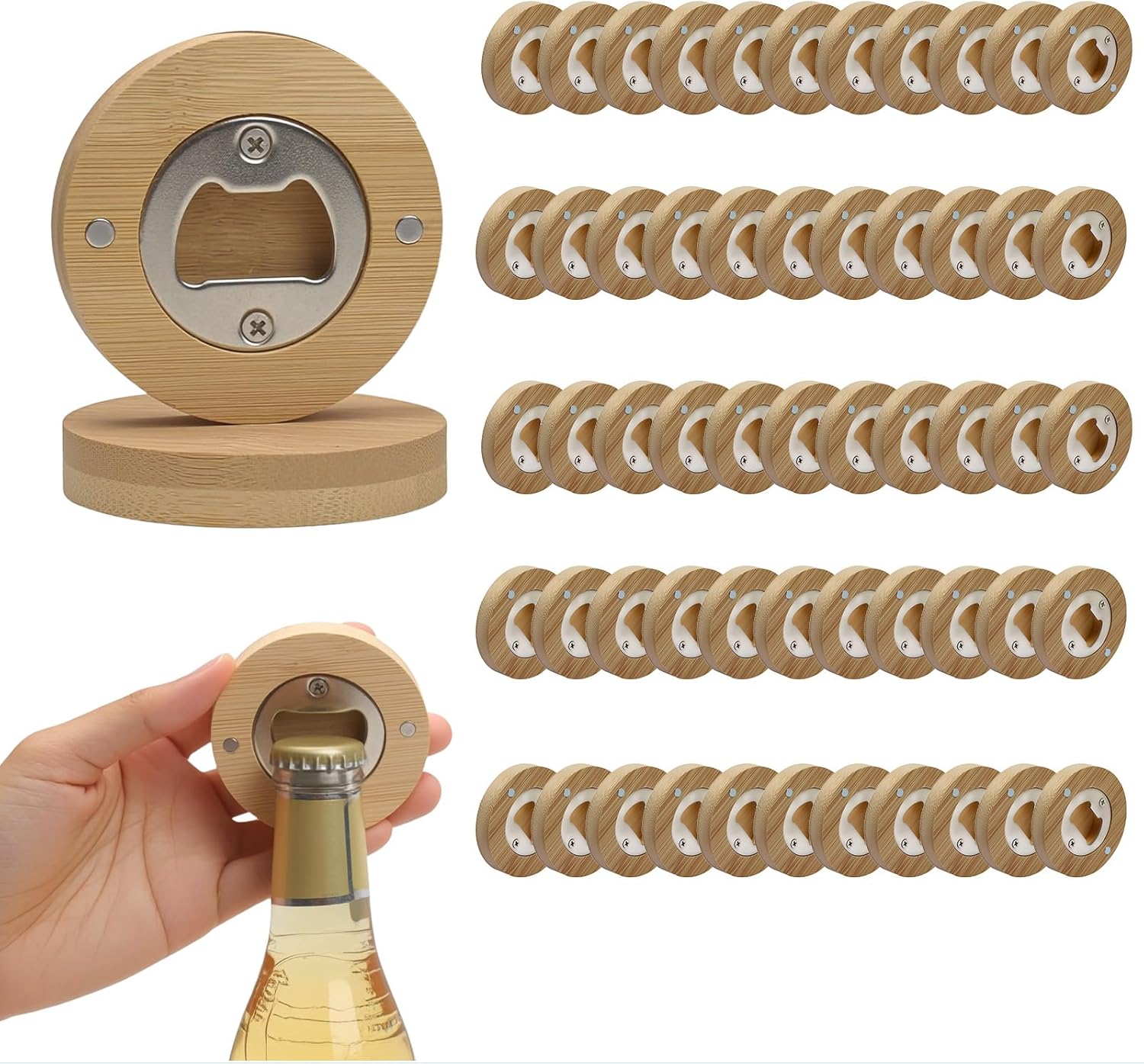 55 Pcs Magnetic Bottle Opener, 2.5In Round Wood Beer Opener Beer Refrigerator Sticker Openers Coasters for Beer Lover, Wedding, Kitchen, Bar, Party
