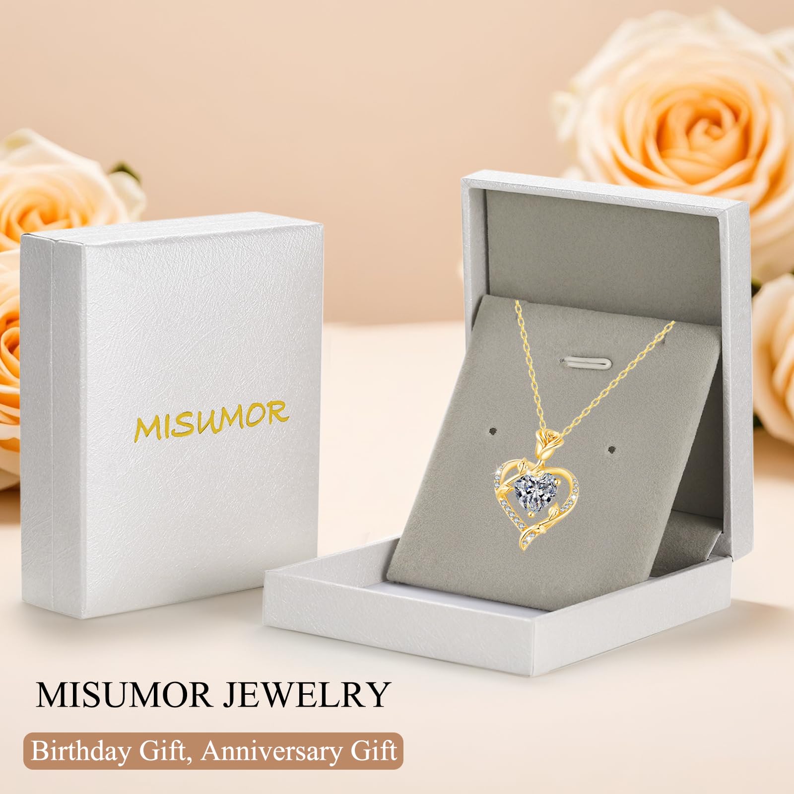 Collier Femme Or avec Rose Pendentif Cœur Bijoux Cadeau pour Maman