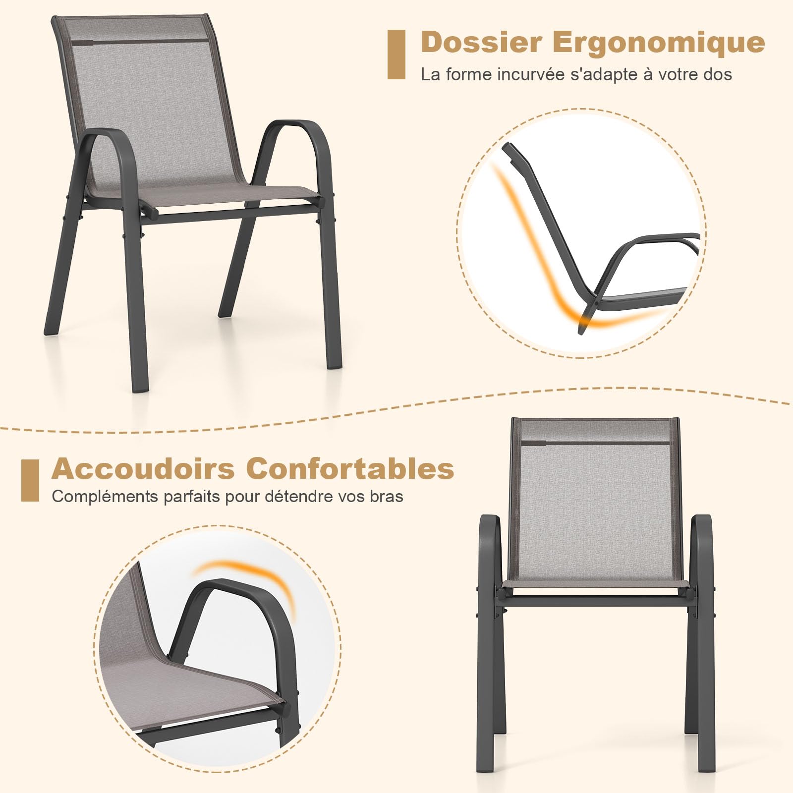 COSTWAY Lot de 2/4 Chaises de Jardin Exterieures avec Cadre en Métal, Chaise de Salle à Manger Empilable en Tissu Respirant, Fauteuil d'Extérieur pour Cour, Balcon, Piscine, Charge 150 KG (Gris,4)