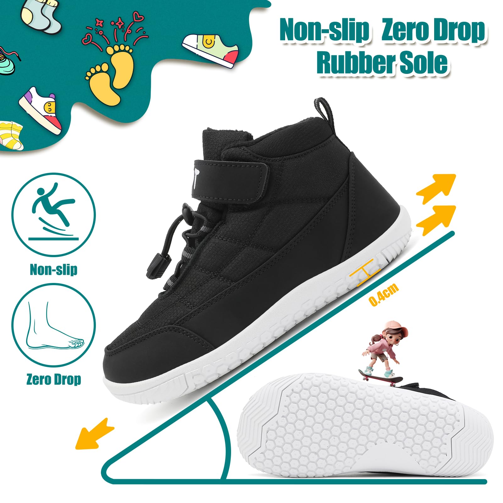 Wizshoe Botas Barefoot Lente Herfst Overgang Niño Niña Alta Zapatillas Resistente al agua Antideslizante Descalzas Minimalistas Sneakers Trekking Ligeras Cómodas Negro 34EU