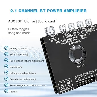 ZK-AS21 TPA3255 Bluetooth 5.1 Power Amplifier Board HiFi 2.1 Channel 220Wx2+350W Digital Audio Receiver AMP Board with Treble and Bass Control for DIY Speakers