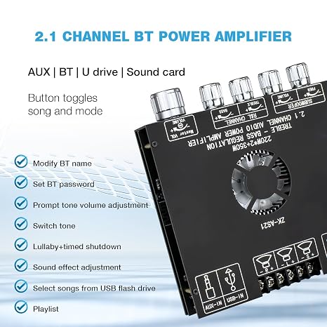 ZK-AS21 TPA3255 Bluetooth 5.1 Power Amplifier Board HiFi 2.1 Channel 220Wx2+350W Digital Audio Receiver AMP Board with Treble and Bass Control for DIY Speakers