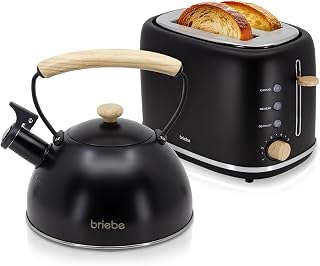 briebe Nordic Toaster Wide Tray Set 2 Slices, 6 Tier Roasted + Whistling Teapot 2.3L Infussions, Stainless Steel, Induction, BPA-Free, Breakfast Pack Nordic Design (Black)